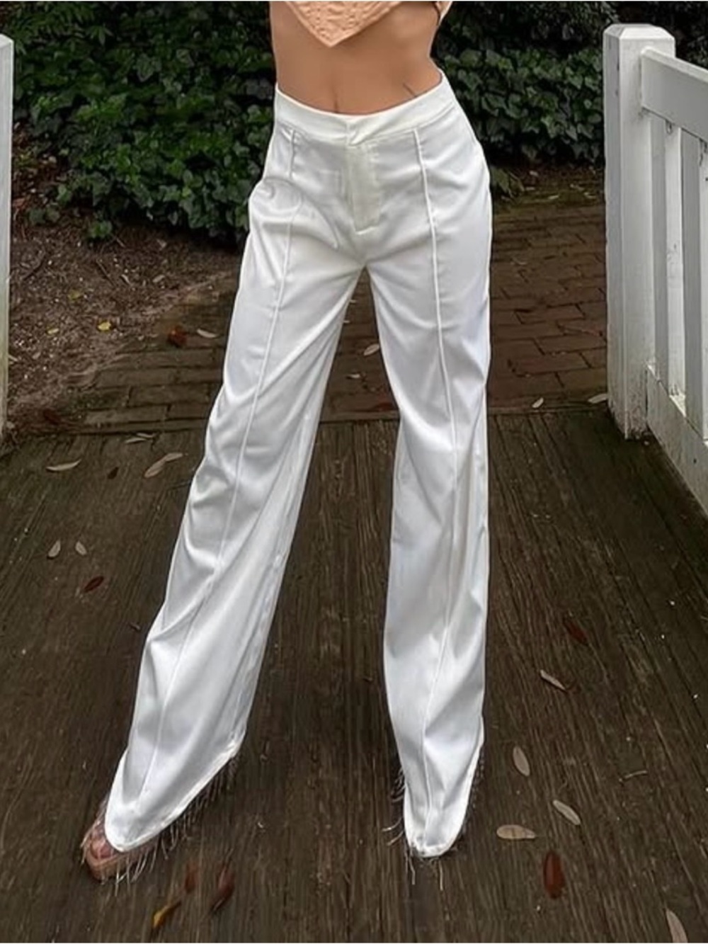 Maniere De Voir White Satin Fringe Hem Wide-Leg Pants high waisted size 4 - Picture 5 of 7